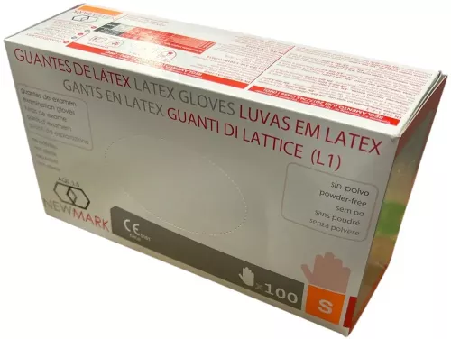 New Mark latexhandske opudrad S – engångshandskar i smidigt latexmaterial utan puder med smidig och följsam passform för hygienisk användning som ger bra grepp, skonsam mot huden och skyddar mot väta och smuts, passar för vård, livsmedel