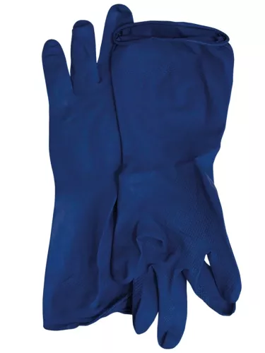 Blå latexhandske från New Mark – pudrad, utan flossad insida, för hygienarbete och lätt städning