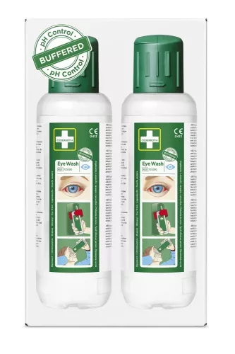 Ögondusch Cederroth 500 ml 2-pack – snabbverkande ögonsköljlösning för att skölja bort kemikalier och partiklar vid ögonolyckor