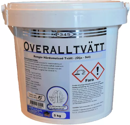 P345 overalltvätt 5 kg – tvättmedel för effektiv rengöring av arbetskläder och overaller med kraftfull formula, avlägsnar olja, fett, sot och ingrodd smuts men är skonsam mot fibrer, utvecklat för industri, verkstad och professionell tvätt