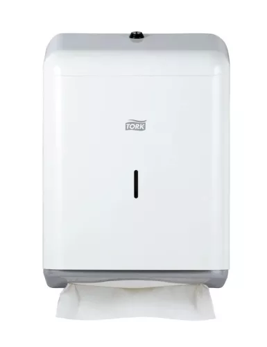 Tork Handduksdispenser H3 metall vit – slitstark pappersdispenser i vit metall för hygienisk och kontrollerad utmatning av vikt handdukspapper vilket bidrar till minskad förbrukning och välorganiserade hygienutrymmen, anpassad för restauranger