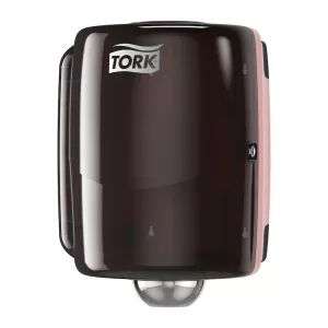 Tork pappersdispenser W2 röd/svart – väggmonterad hållare för kombirulle i industri och verkstad  Dispenser för Tork W2 kombirullar – robust pappershållare i röd och svart plast