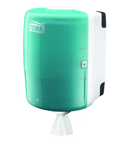 Tork pappersdispenser W2 vit/turkos – robust väggmonterad dispenser för kombirullar i krävande miljöer