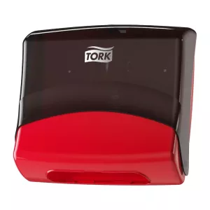 Pappersdispenser Tork Top Pak W4 röd/svart – robust väggdispenser för industriella miljöer och högförbrukning