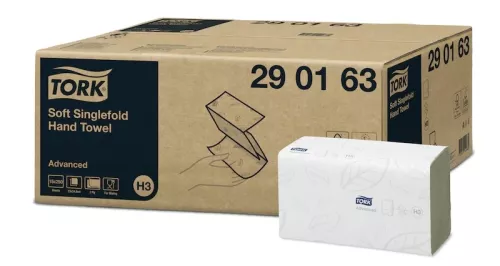 Tork Advanced mjuk pappershandduk Singlefold vit 3750 ark – mjuka och absorberande singlefold handdukar för hygienisk och kontrollerad handtorkning med effektiv förbrukning i offentliga toaletter, vårdmiljöer