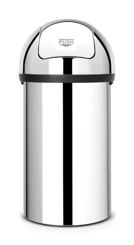 Brabantia Push Bin papperskorg i blankborstat rostfritt stål, rund modell med fjäderbelastat trycklock för smidig avfallshantering