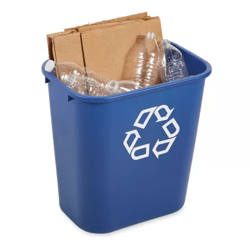 Blå återvinningspapperskorg från Rubbermaid – stapelbar, slitstark och färgkodad för källsortering