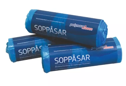 Papperskorgspåse HD 12my 30L med knythandtag – slitstarka soppåsar i rulle, 25-pack för mindre avfallsbehållare