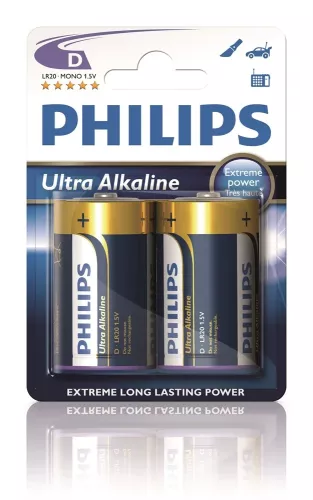 Philips Ultra Alkaline D LR20-batterier – kraftfulla långlivade batterier, 2-pack