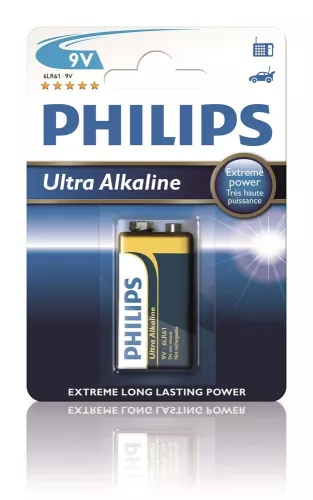 Philips Ultra Alkaline 9V 6LR61 batteri – alkaliskt 9V-engångsbatteri med långvarig och stabil energiförsörjning för brandvarnare, mätinstrument och elektronisk utrustning, anpassat för hem, kontor