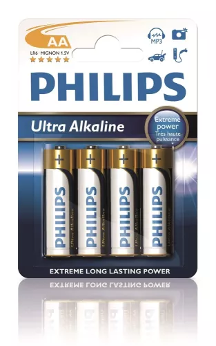 Philips Ultra Alkaline AA LR6 batterier 4-pack – långvarig prestanda för vardagselektronik  4-pack AA-batterier Philips Ultra Alkaline LR6 – kraftfulla och pålitliga för dagligt bruk