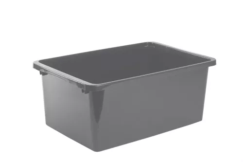 Plastback Stor 40L ECO grå – rymlig och slitstark förvaringsback i återvunnen plast med stapelbar design och ergonomiska handtag som ger organiserad och platsbesparande förvaring av material, verktyg och produkter, anpassad för lager