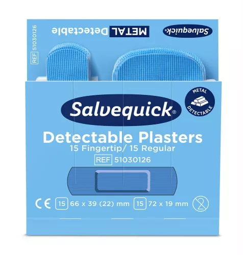 Plåster Blue Detectable Salvequick Fingertopp – blått detekterbart plåster anpassat för fingertoppar, idealiskt för livsmedelsindustrin