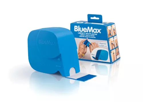 Plåster BlueMax 6x500 cm – självhäftande och klippbart blått plåster för livsmedelshantering och snabb sårvård