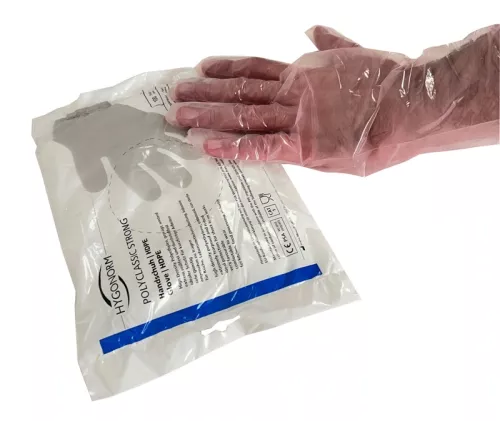 Präglade engångshandskar i plast, medium, 100-pack – skyddshandskar med greppvänlig yta, idealiska för livsmedelshantering, städning och andra hygieniska arbetsmoment