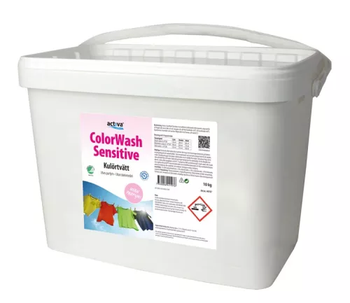 Pulvertvättmedel Activa Colorwash Sensitive 10 kg – parfymfritt kulörtvättmedel för känslig hud och professionell användning