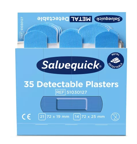Salvequick blå detectabla plåsterrefill – 6 refiller à 35 plåster för livsmedelsindustrin  Refill med blå detecterbara plåster – Salvequick 35 x 6 st för första hjälpen-stationer