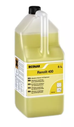 Renolit 400 5 L – lågskummande polishborttagningsmedel för professionell golvrengöring med alkalisk formula som löser upp polishskikt, vax och ingrodd smuts vilket ger rena och välbevarade golvytor inför ny behandling, anpassad för kombiskurmaskiner