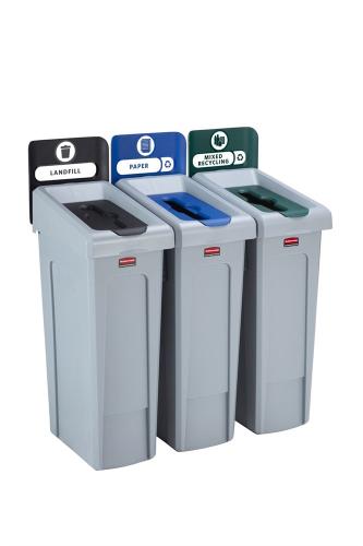 Rubbermaid Slim Jim återvinningsstation 387 liter i grå design – smal och modulär avfallsstation för effektiv källsortering, idealisk för kontor, offentliga miljöer och trånga utrymmen