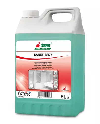 Green Care SANET BR 75 5 L – sanitetsrengöring för kalkborttagning på syratåliga ytor med kraftfull formula som löser upp kalk, tvålrester och vattenfläckar vilket ger randfria och välbevarade sanitetsytor med fräsch doft