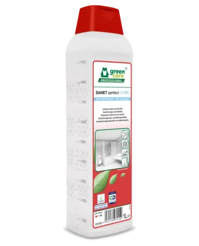 Sanet Perfect Zero 1 liter – miljömärkt sanitetsrengöring för kalk- och smutsborttagning i badrum utan parfym och färgämnen