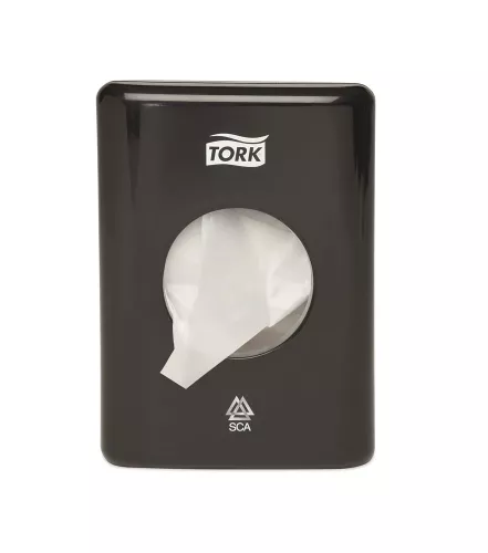 Tork sanitetspåshållare B5 svart – hygienisk plastbehållare för damtoaletter och offentliga WC  Sanitetspåshållare Tork B5-system – väggmonterad svart plastdispenser för hygienpåsar i toalettutrymmen