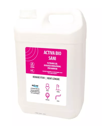 Sanitetsrent Activa Bio Sani 5L – biologiskt sanitetsrengöringsmedel för daglig städning av toaletter och våtutrymmen