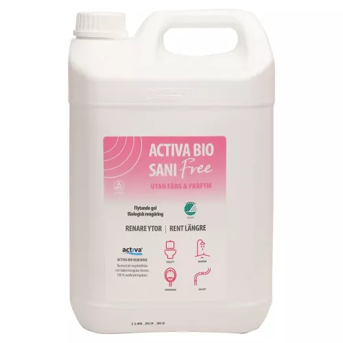 Sanitetsrent Activa Bio Sani Free 5L – parfymfritt, biologiskt sanitetsrengöringsmedel för toaletter och våtutrymmen i känsliga miljöer