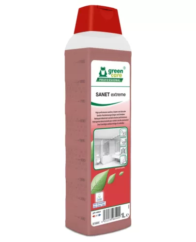 Green Care Sanet Extreme 1 liter – surt sanitetsrent för effektiv rengöring av kalk, tvålrester och smuts på sanitetsytor med skinande resultat och fräsch känsla, anpassad för professionell lokalvård i badrum, duschutrymmen och hygienkänsliga miljöer