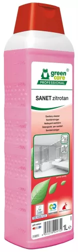 Green Care Sanet Zitrotan sanitetsrent 1L – miljömärkt surt rengöringsmedel med citrondoft för effektiv daglig rengöring av sanitära ytor