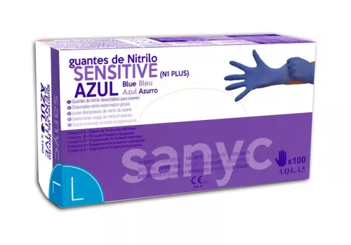 Sanyc Nitrile Sensitive blå opudrade undersökningshandskar L – slitstarka engångshandskar för hygieniskt skydd inom vård och städning