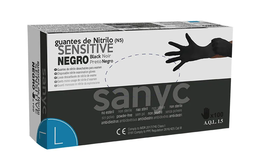 Sanyc Nitrile Sensitive svart L – slitstark och puderfri engångshandske i nitril med hög komfort och kemikalieskydd