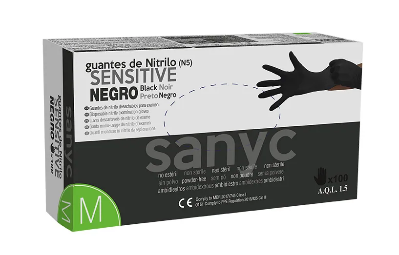 Sanyc Nitrile Sensitive svart M – svart, puderfri nitrilhandske med god passform och kemikalieresistens för professionellt bruk