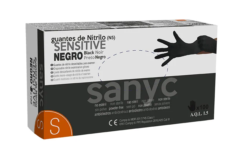 Sanyc Nitrile Sensitive svart S – puderfri engångshandske i nitril med hög fingertoppskänsla och kemikalieresistens