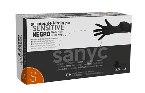 Sanyc Nitrile Sensitive svart S – svarta flexibla engångshandskar i nitril, säkert skydd med hög kemikalieresistens och följsam passform för precision, latexfria och puderfria med bra grepp, för vård, livsmedelshantering och noggrann städning