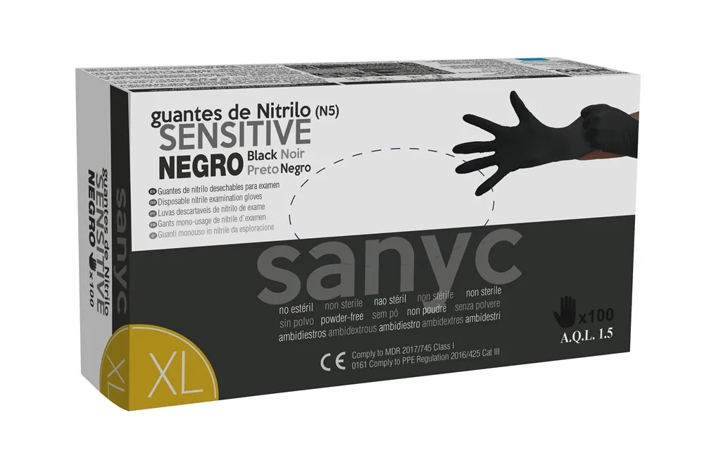 Sanyc Nitrile Sensitive svart XL – extra rymlig, puderfri nitrilhandske med starkt skydd mot kemikalier och hög användarkomfort