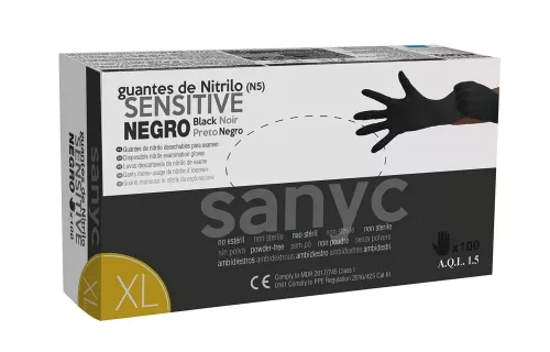 Sanyc Nitrile Sensitive svart XL – extra rymlig, puderfri nitrilhandske med starkt skydd mot kemikalier och hög användarkomfort, latexfria, för användning inom vård, livsmedelshantering och städning