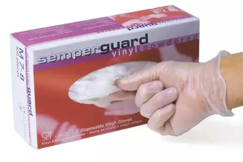 Semperguard vinylhandskar pudrade XL – engångshandskar med bra passform och smidig känsla, lämpliga för livsmedel, städ och lättare hygienarbete