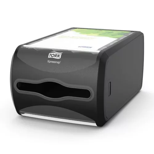 Servettdispenser Tork Xpressnap N4 svart – hygienisk och platsbesparande servetthållare i liggande format för självserveringsmiljöer