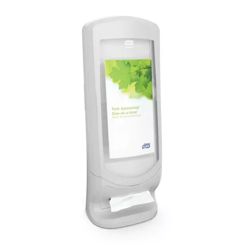 Tork Xpressnap servettdispenser stående grå – kompakt dispenser för N-servetter  Stående servettdispenser från Tork Xpressnap – grå modell för hygienisk en-servett-i-taget-dosering