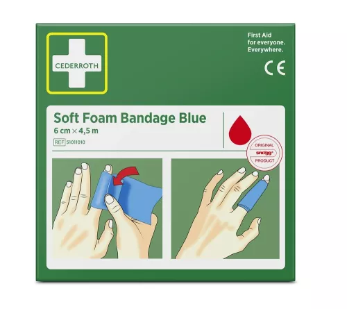 Cederroth Soft Foam Bandage blå 6 cm x 4,5 m – självhäftande första förband för snabb och enkel sårvård