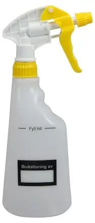 Sprayflaska gul 600 ml med text brukslösning – tydligt märkt flaska för rengöringslösningar, ergonomisk design och exakt dosering inom professionell städning