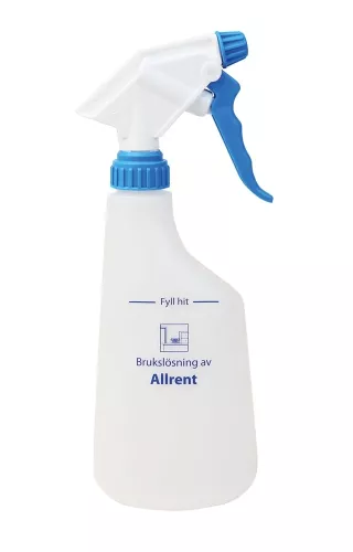 Sprayflaska med texten 'Allrent', blå trigger och 600 ml kapacitet, används för applicering av allrengöringsmedel på ytor