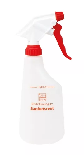 Sprayflaska med texten "Sanitet", 600 ml – röd trigger och färgkodad design för hygienisk användning inom sanitetsstädning