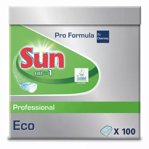 Sun Pro Formula All-in-1 Eco disktabletter 100 st – miljömärkta maskindisktabletter med effektiv rengöring, fettlösning och glans för professionella diskmaskiner