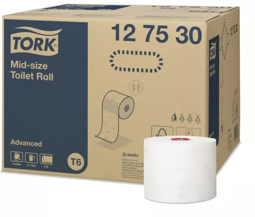 Tork Mid-size Advanced T6 toalettpapper vit 27 rullar – kompakt 2-lagers papper med hög kapacitet för T6-dispensers i offentliga toaletter