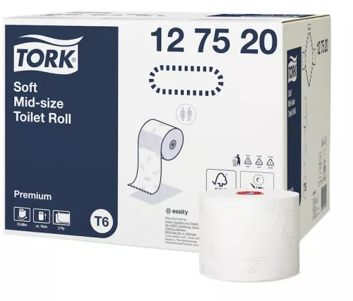 Tork Mid-Size Premium T6 toalettpapper – mjukt och högkvalitativt toalettpapper för effektiv och komfortabel användning i offentliga hygienutrymmen