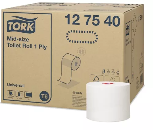 Toalettpapper Tork Mid-size Universal T6 vit – praktiskt och hållbart toalettpapper i kompakt format, 27 rullar per förpackning