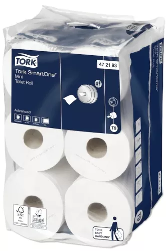 Tork SmartOne Mini Advanced T9 toalettpapper – högkapacitetsrulle med enkelrullsutmatning för minskat papperssvinn i offentliga toaletter