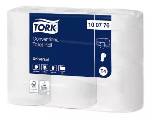 Tork Universal T4 toalettpapper natur – 1-lagers 48-pack för miljövänlig och kostnadseffektiv hygien  48 rullar Tork T4 Universal toalettpapper – naturfärgat 1-lagers papper för offentliga toaletter
